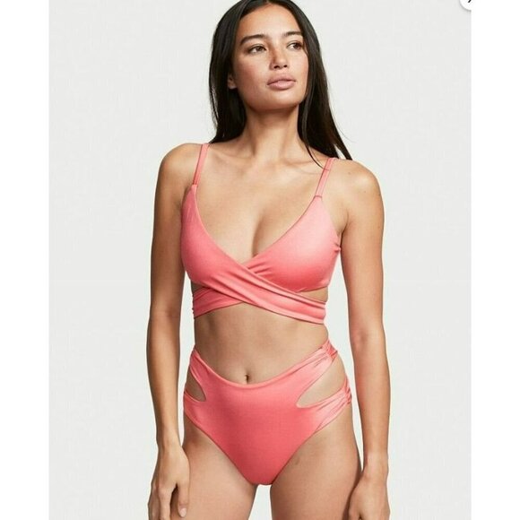 Victoria’s Secret Swim Wrap High Waist Cheeky Bikini Bottom Metallic Pink - Picture 1 of 3
